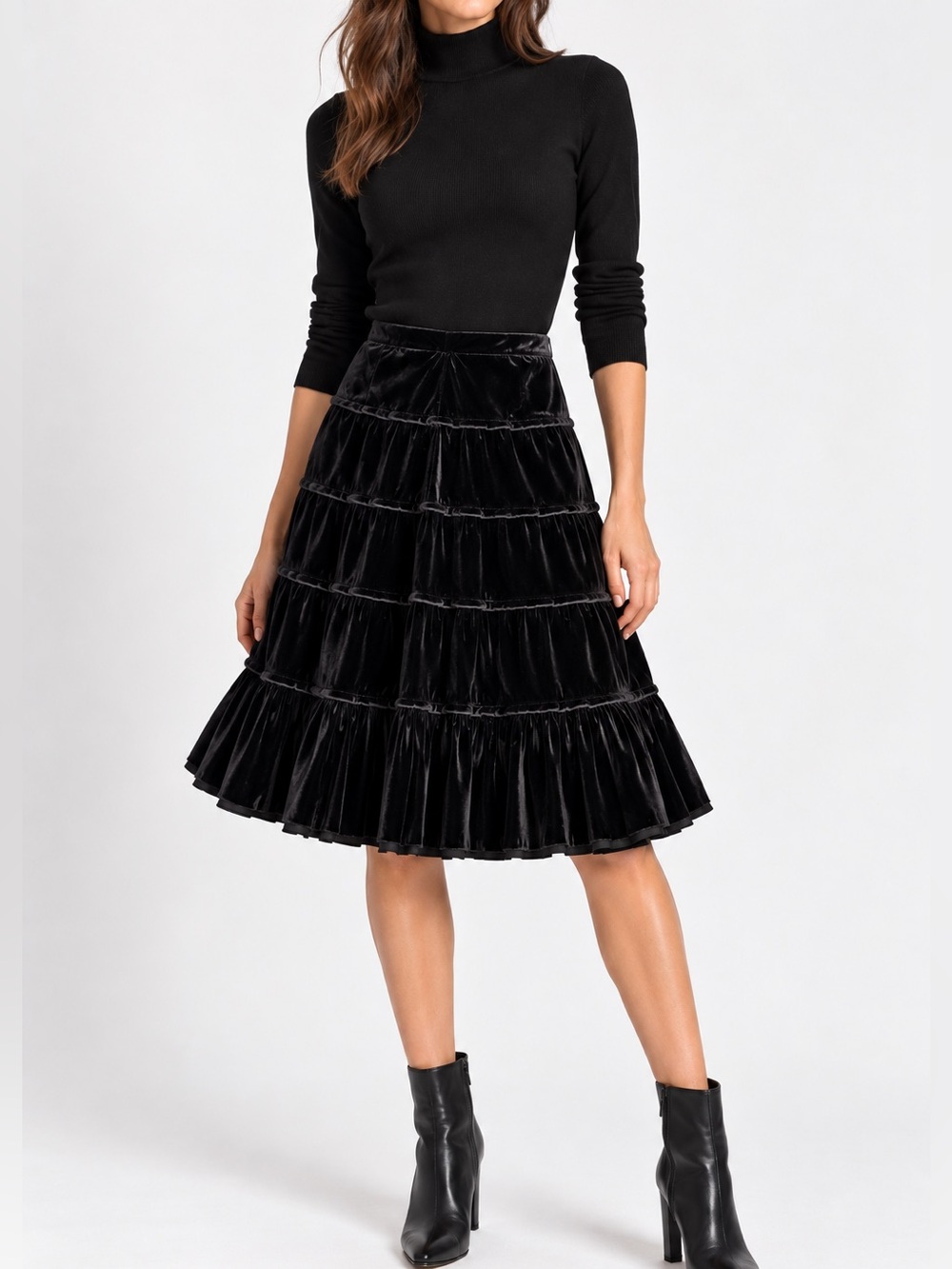 New Vince Black Velvet tiered midi Skirt, 4